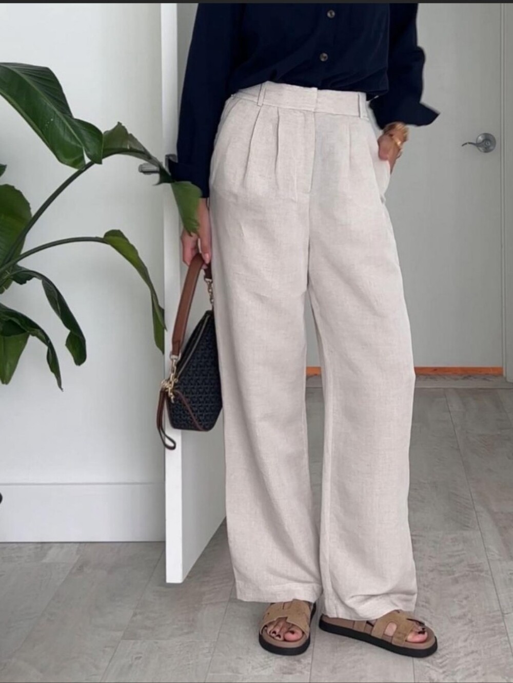 NWOT H&M Linen Blend Wide-Leg Pleated Tailored Suiting Old Money Pants Beige